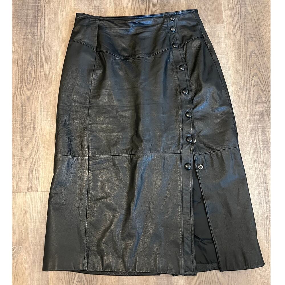 Vtg Wilsons Leather Black Midi Leather Skirt